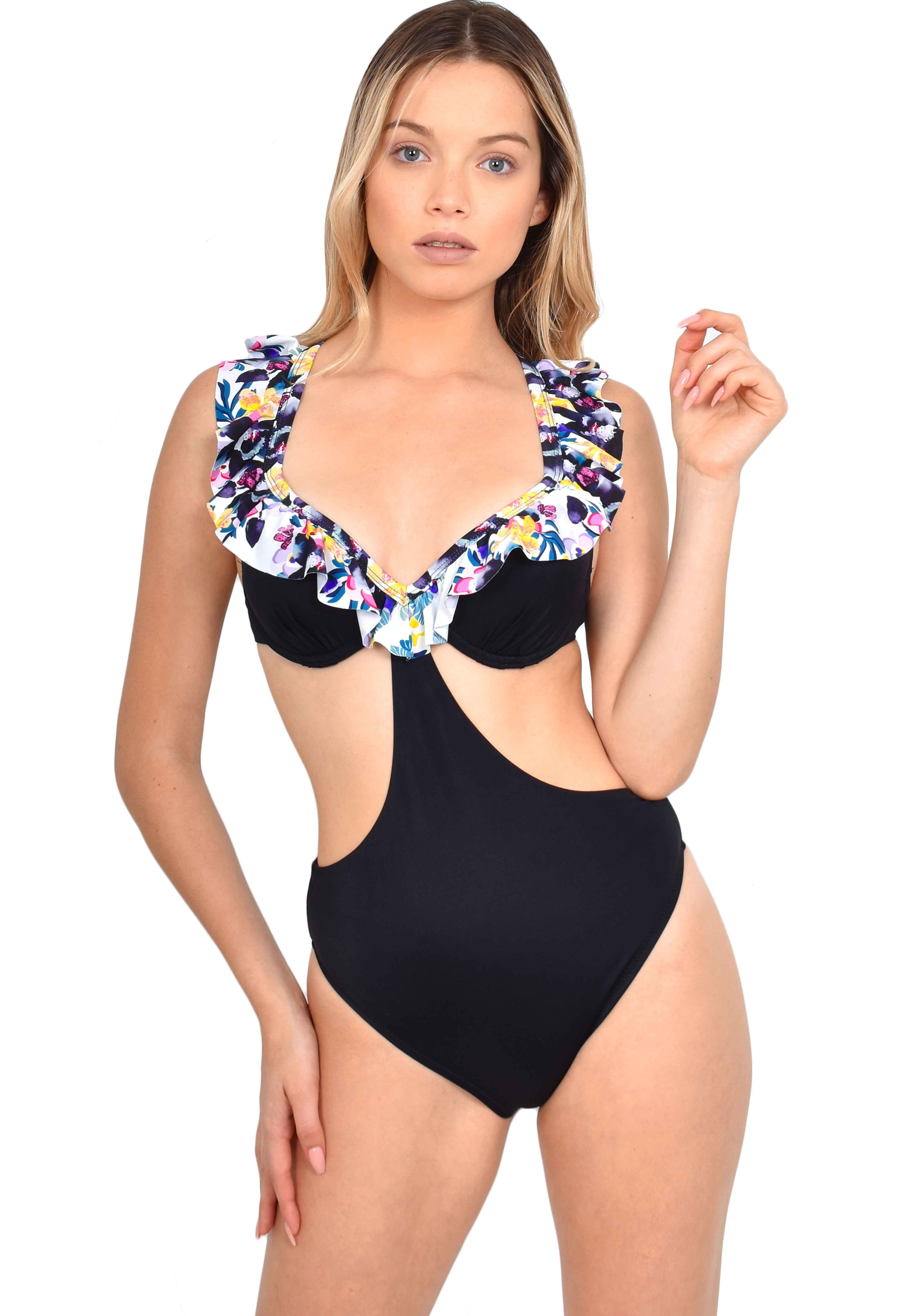 Trikini con vuelos estampado negro