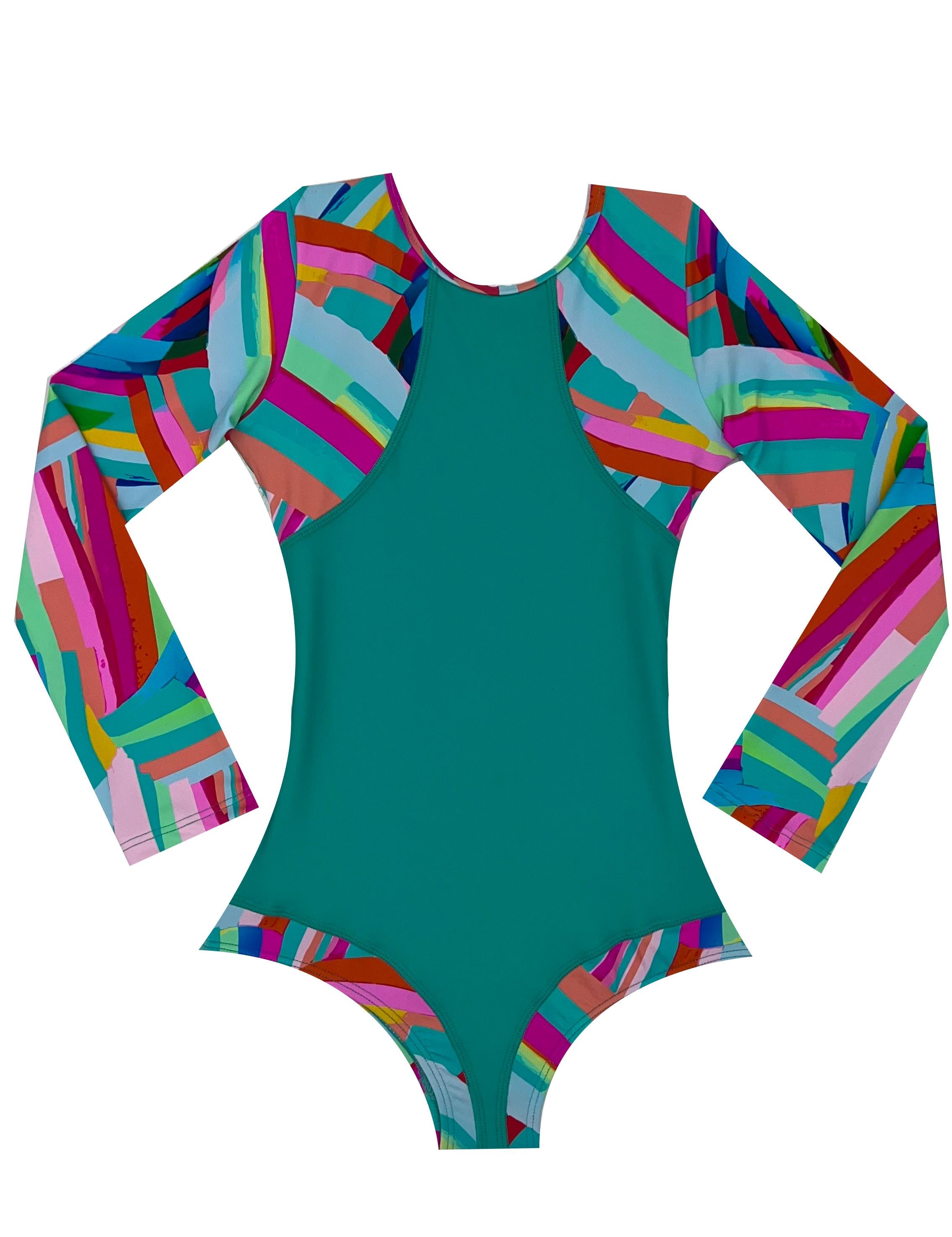 Green long-sleeved girl's swimsuit