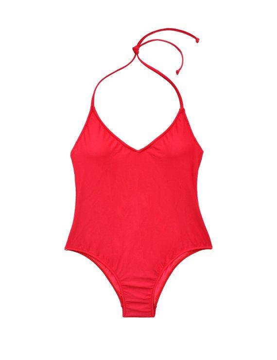Red low-cut swimsuit with darts