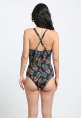 Orange print one-piece swimsuit