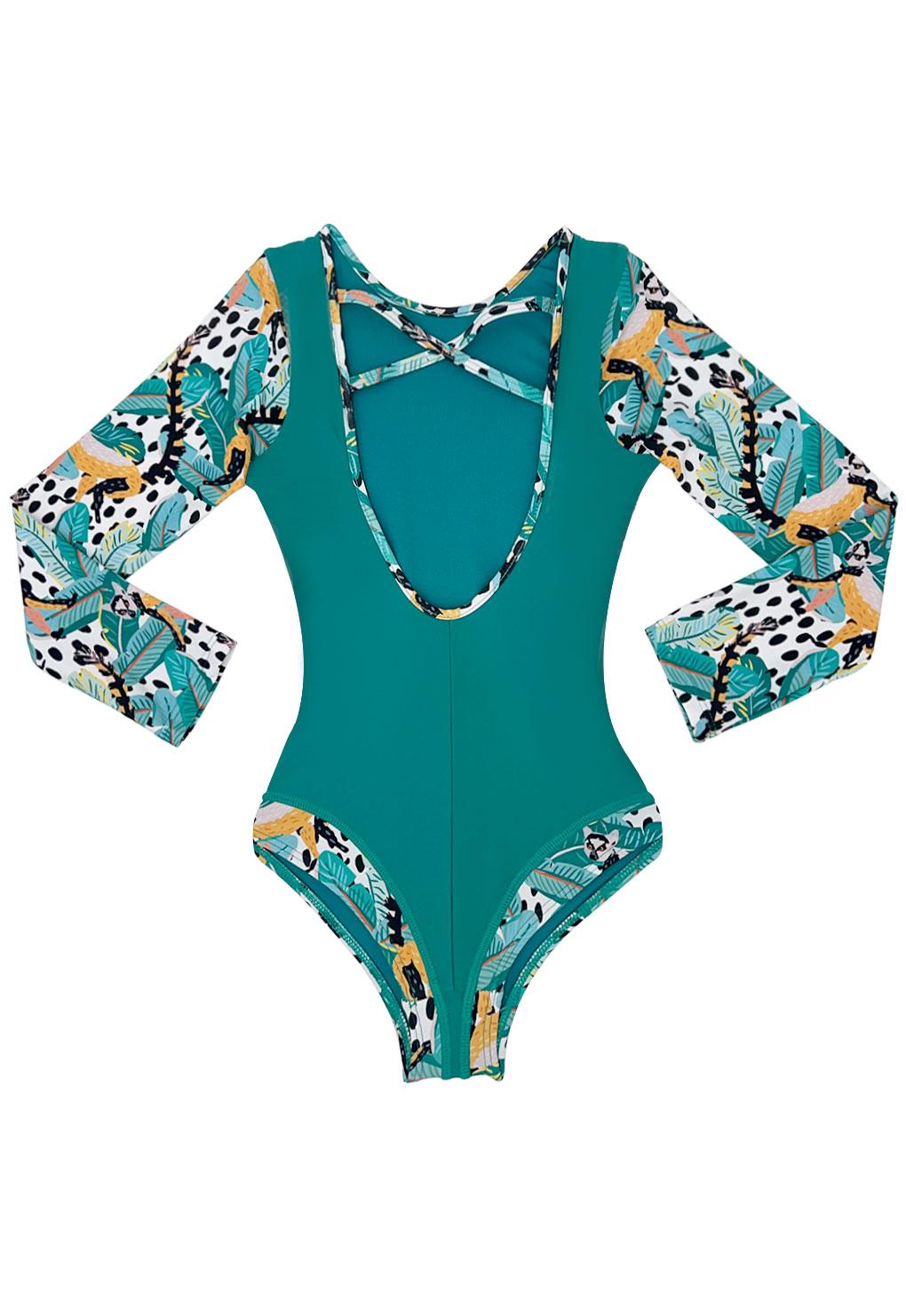 Green long-sleeved girl's swimsuit