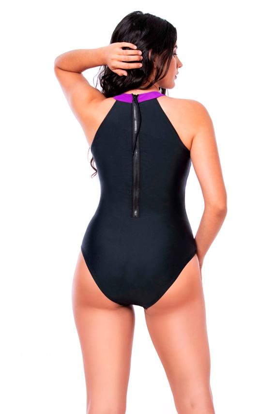 Traje de baño enterito deportivo con cierre color est morado