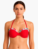 Bikini strapless con vuelos rojo