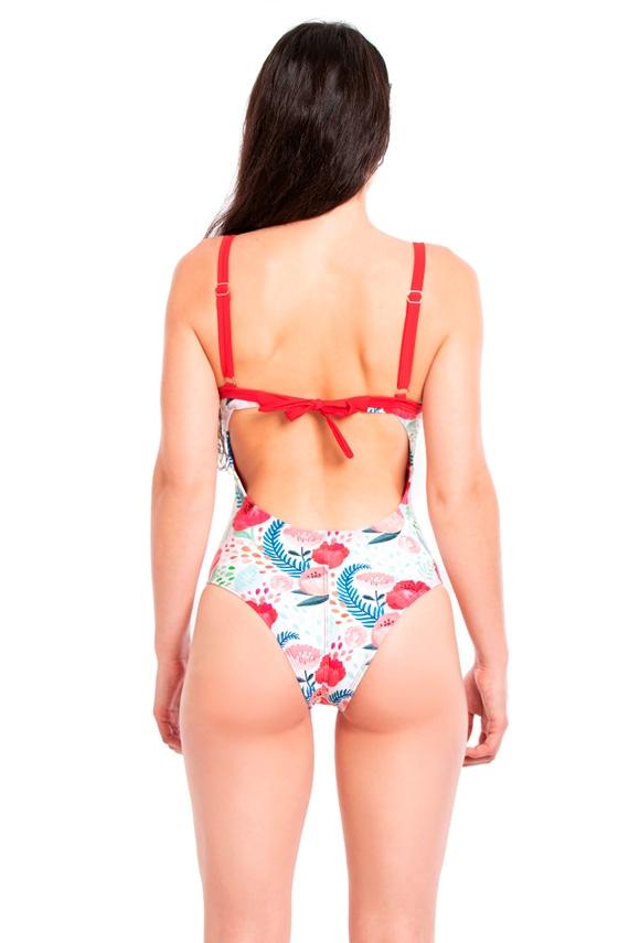 Discounted one-piece swimsuit with red print