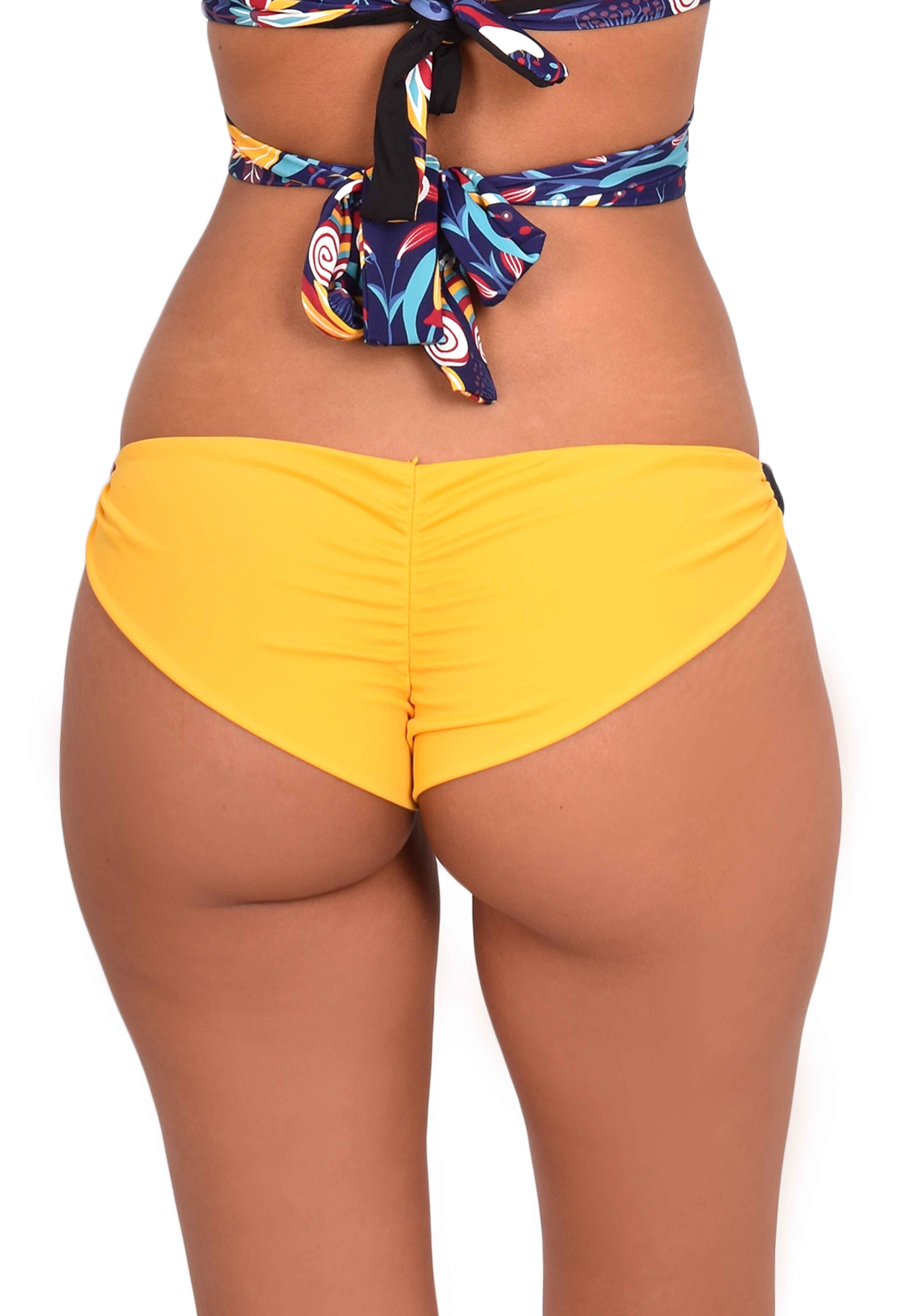 Yellow printed draped back bikini briefs