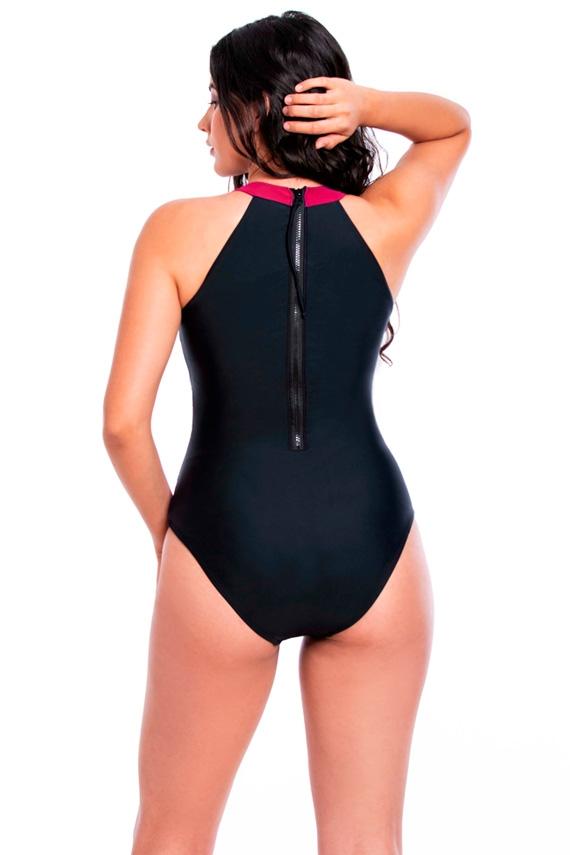 Traje de baño enterito deportivo con cierre negro y fucsia