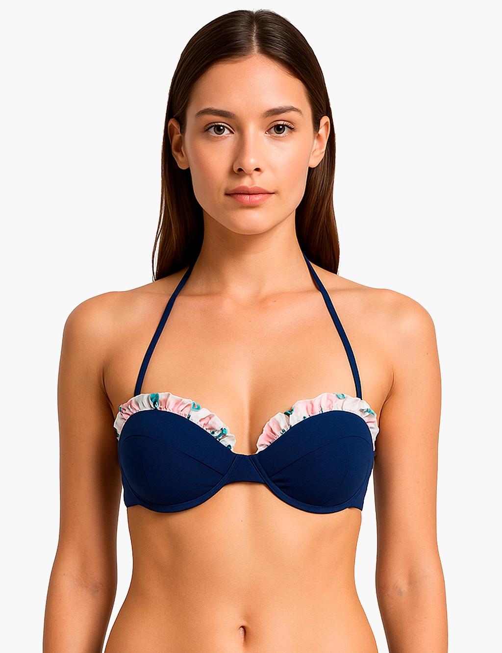 Bikini strapless con vuelos azul