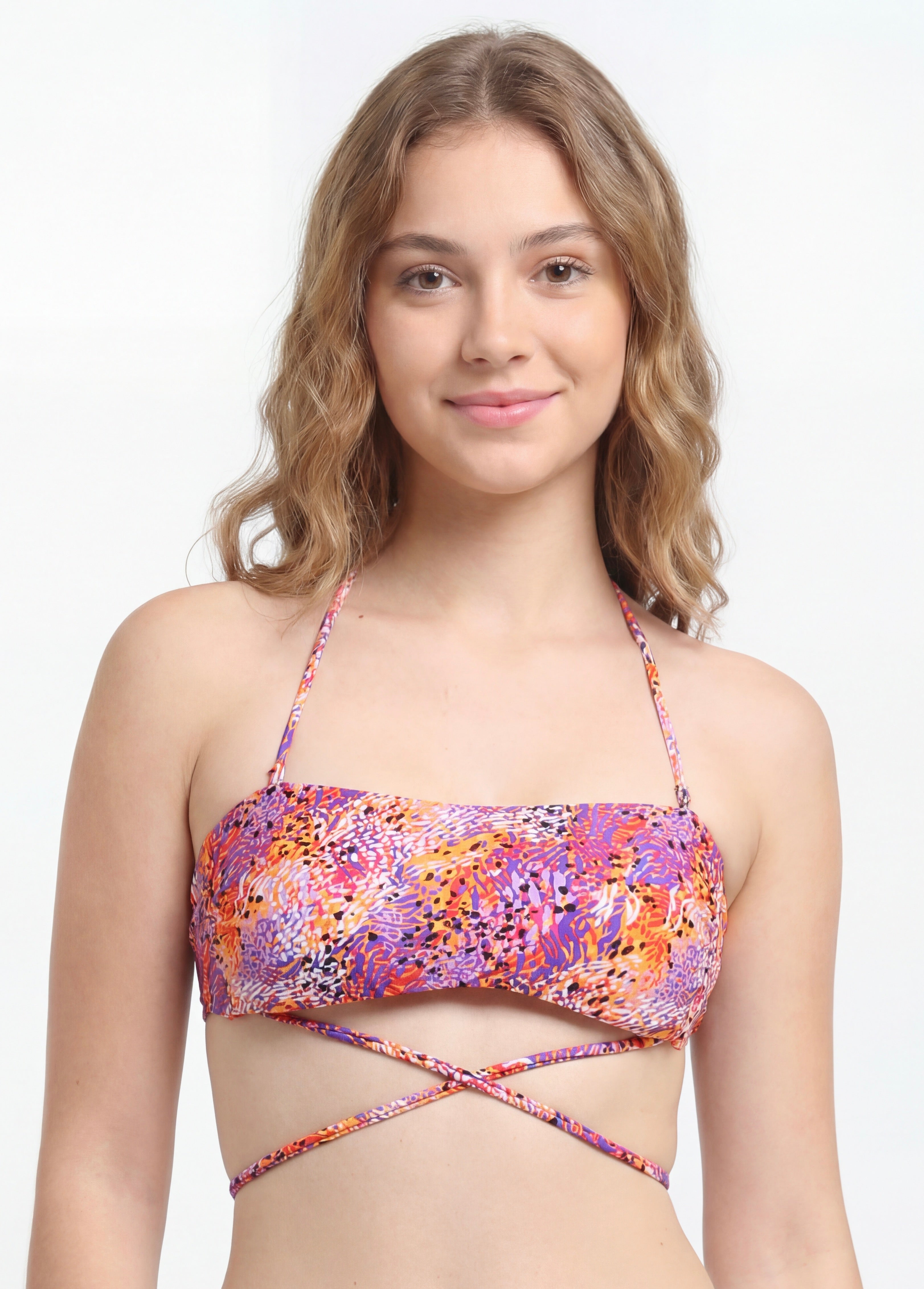 Bikini bandeau strapless estampado naranja