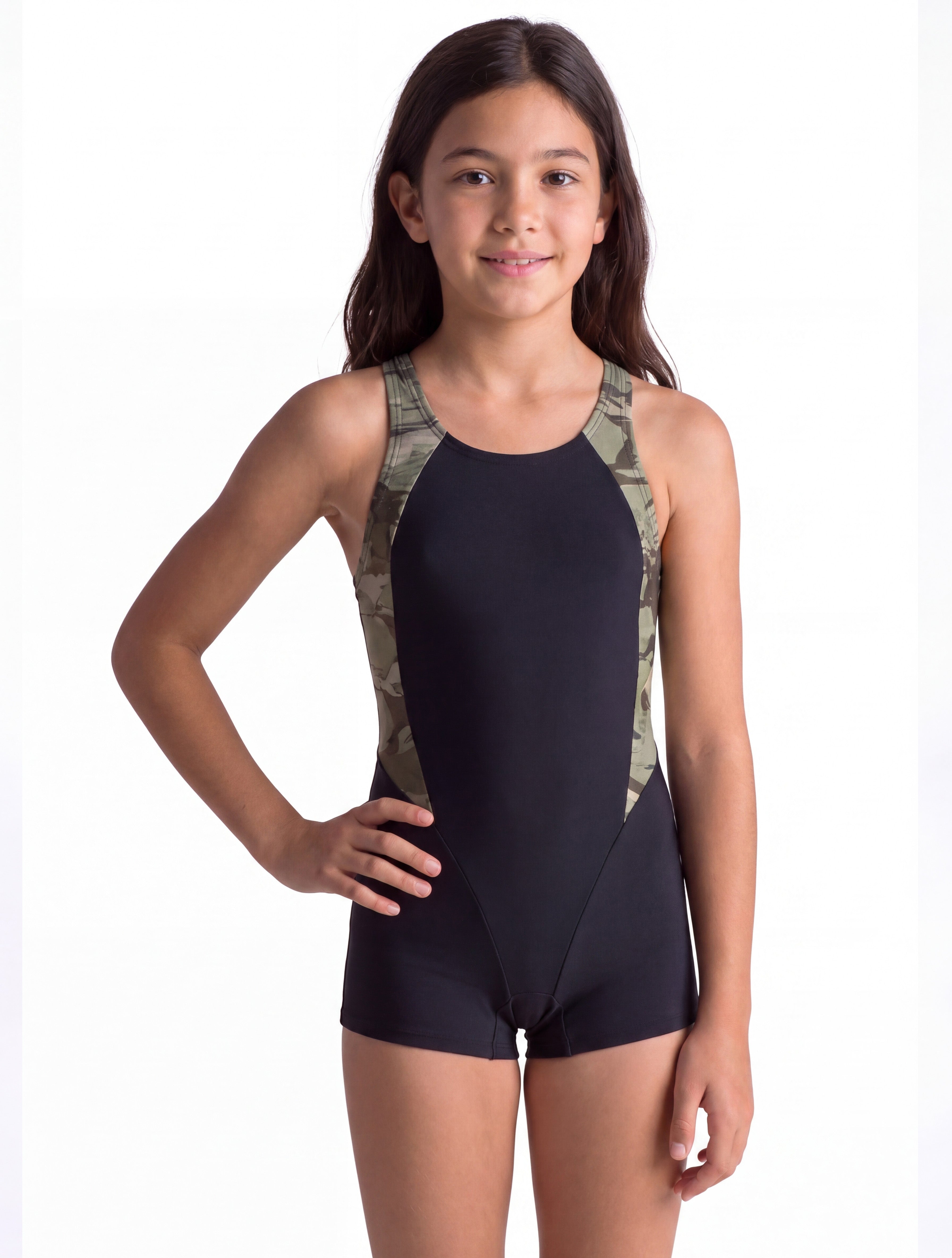 Traje de baño natación niña con pierna estampado verde