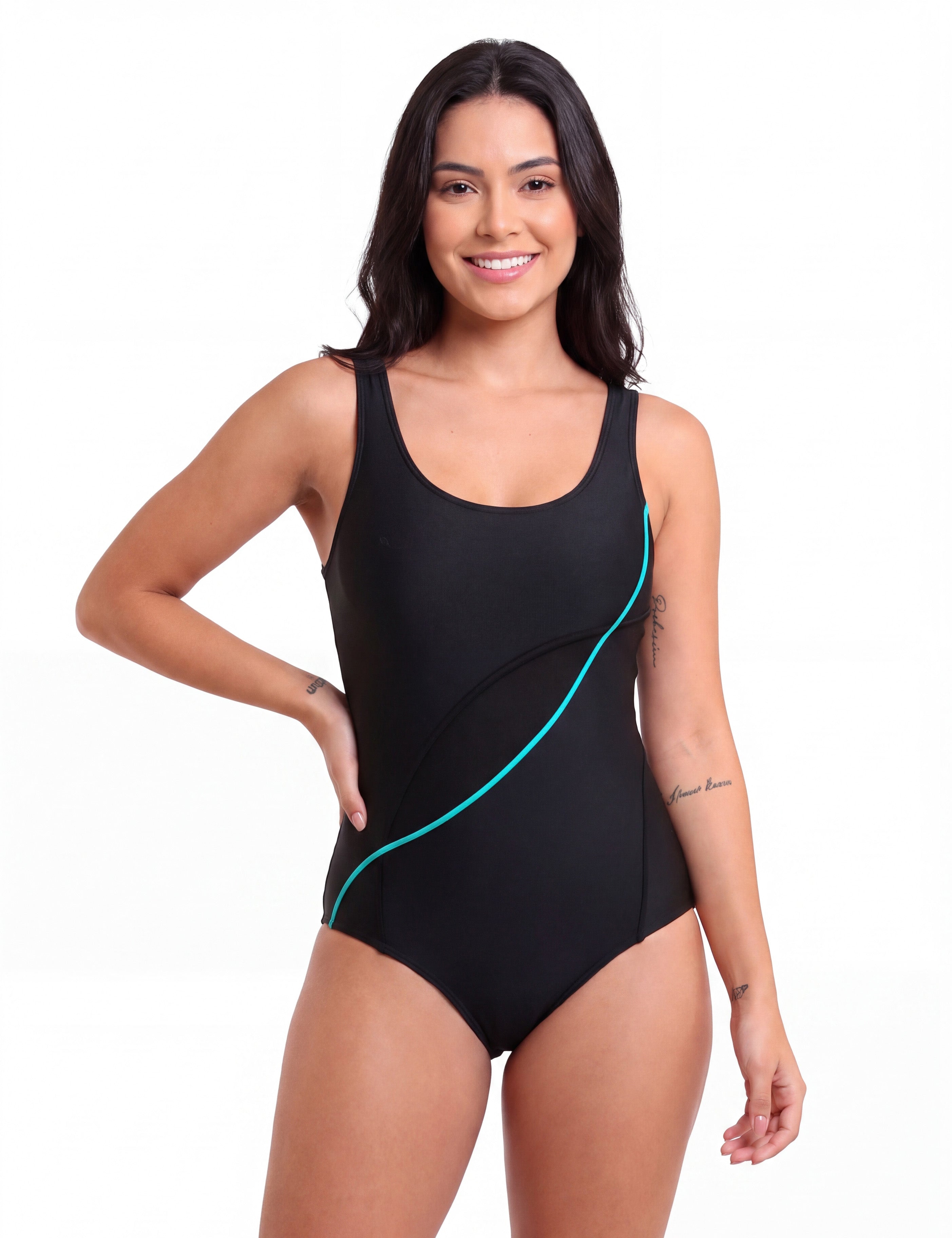 Traje de Baño Deportivo Natación con Estilo Líneas Turquesa