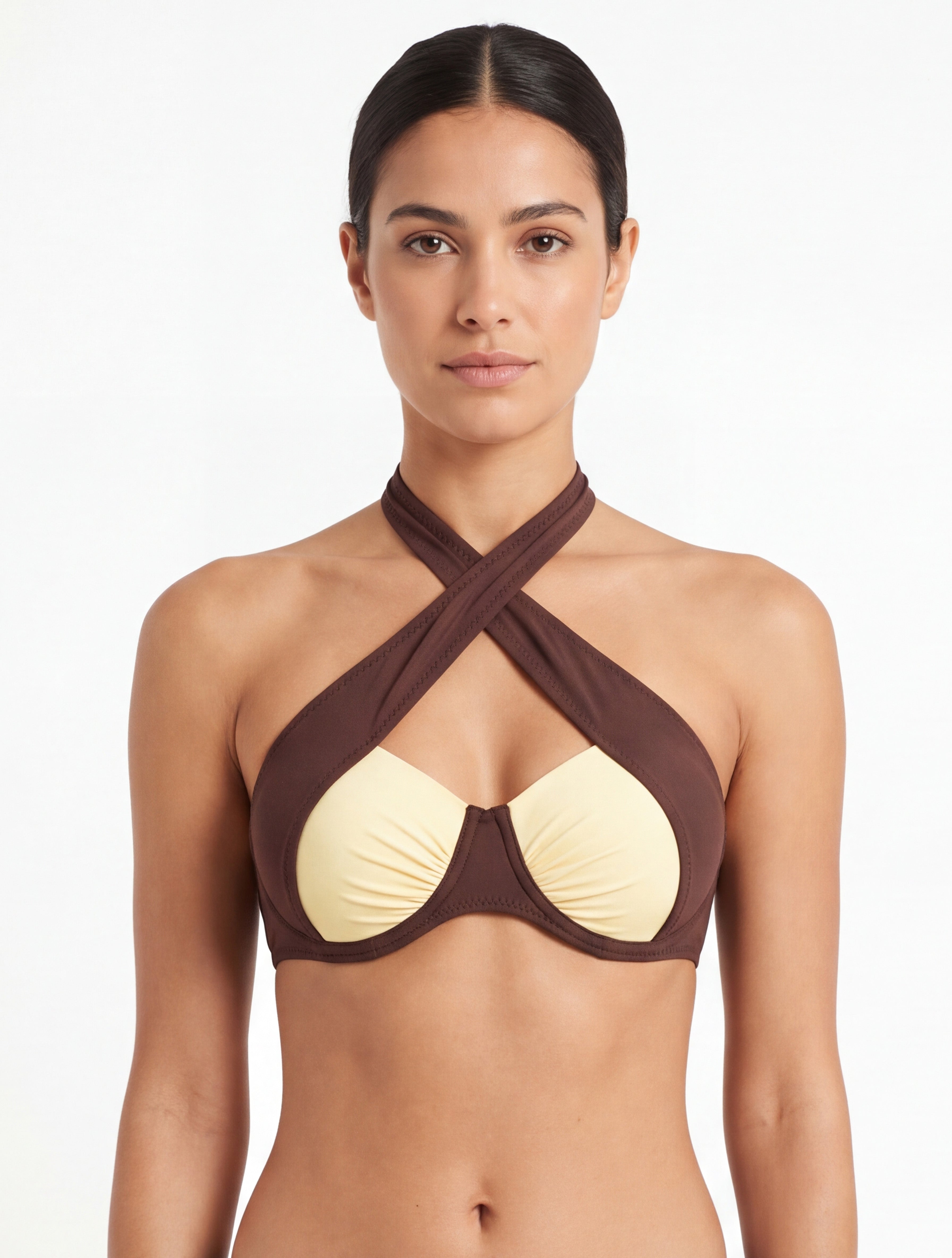 Bikini cruzado cafe con amarillo