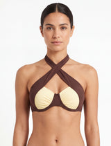 Bikini cruzado cafe con amarillo