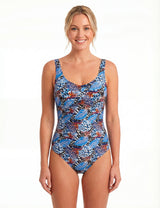 Traje de baño con pliegues  estampado azul