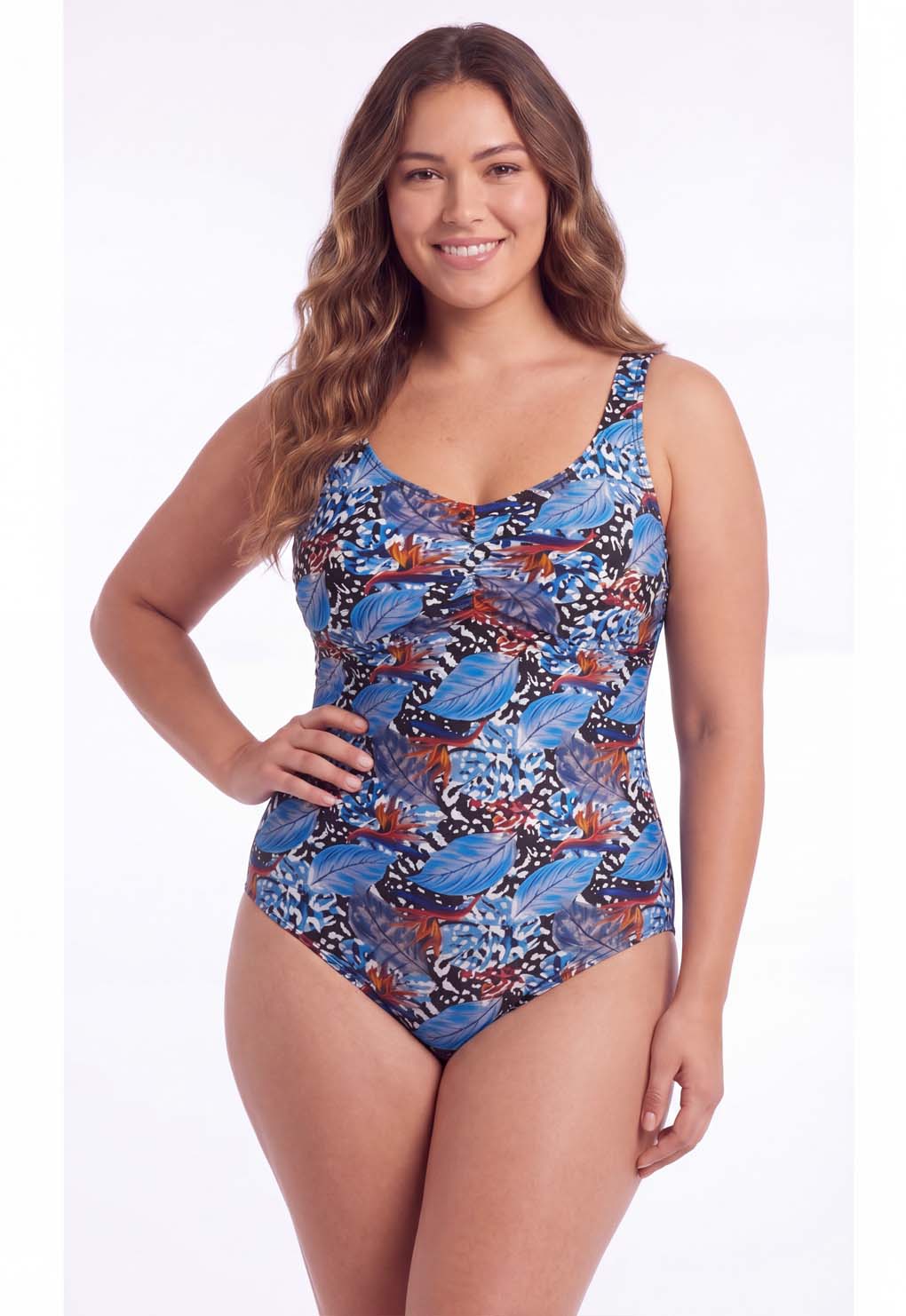 Traje de baño con pliegues PLUS SIZE estampado azul