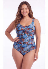 Traje de baño con pliegues PLUS SIZE estampado azul