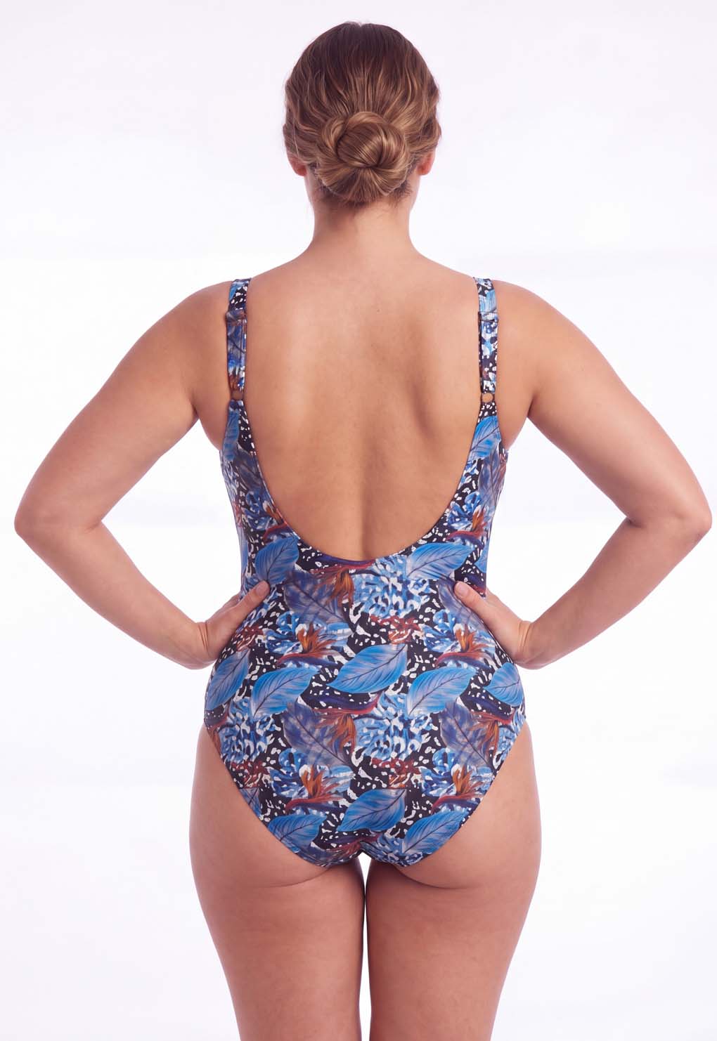 Traje de baño con pliegues PLUS SIZE estampado azul