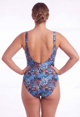 Traje de baño con pliegues PLUS SIZE estampado azul