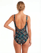 Traje de baño con pliegues estampado naranjo