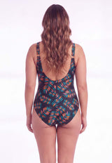 Traje de baño con pliegues PLUS SIZE estampado naranjo