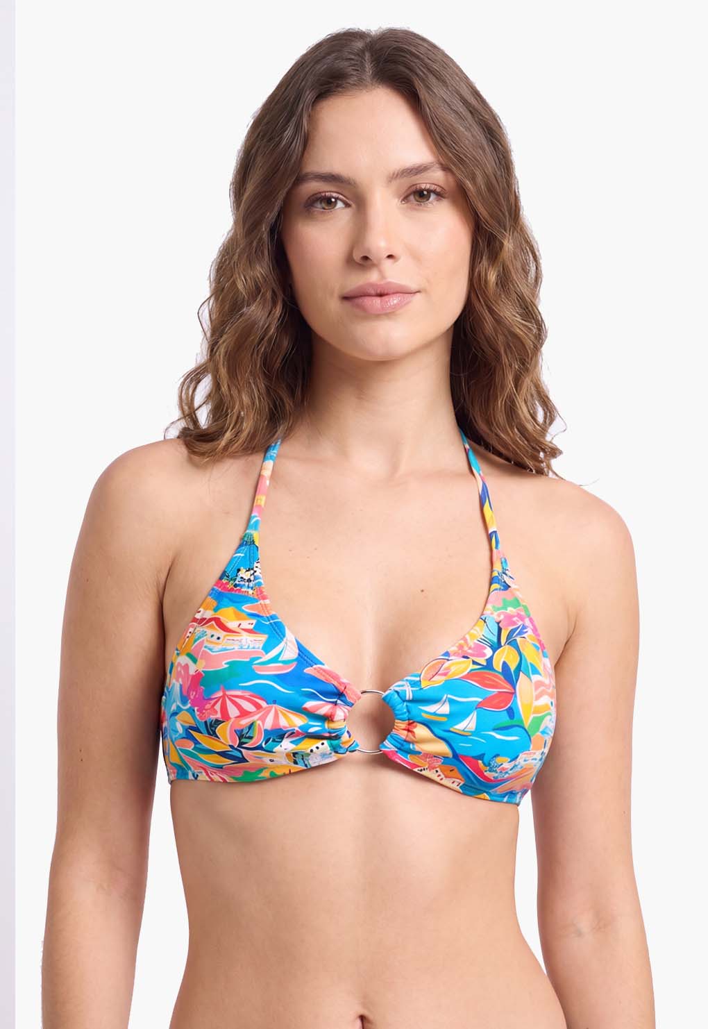 Bikini triangulo argolla central estampado turquesa