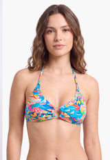 Bikini triangulo argolla central estampado turquesa