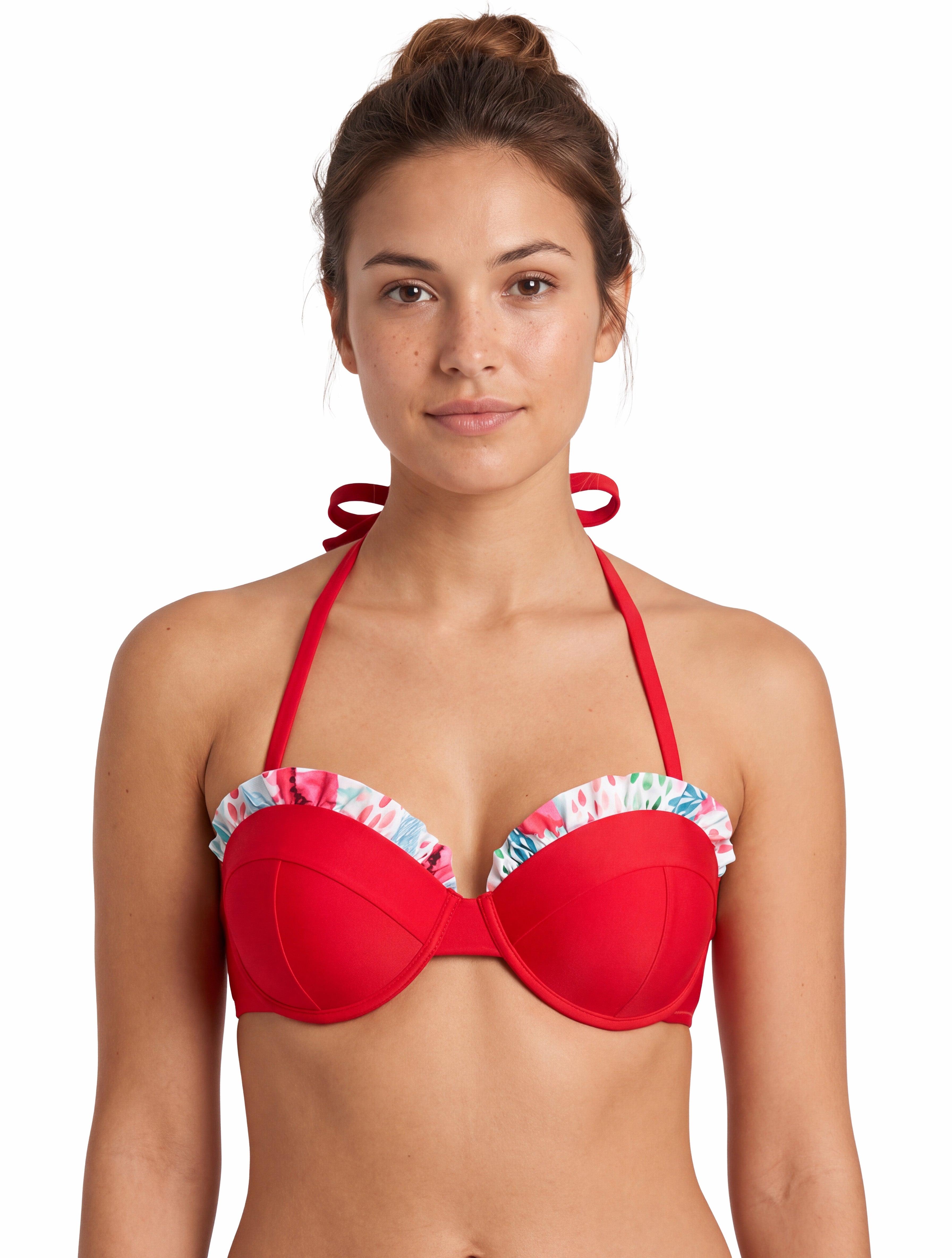 Bikini strapless con vuelos rojo