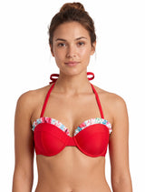Bikini strapless con vuelos rojo