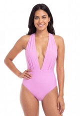 Traje de baño enterito con escote morado
