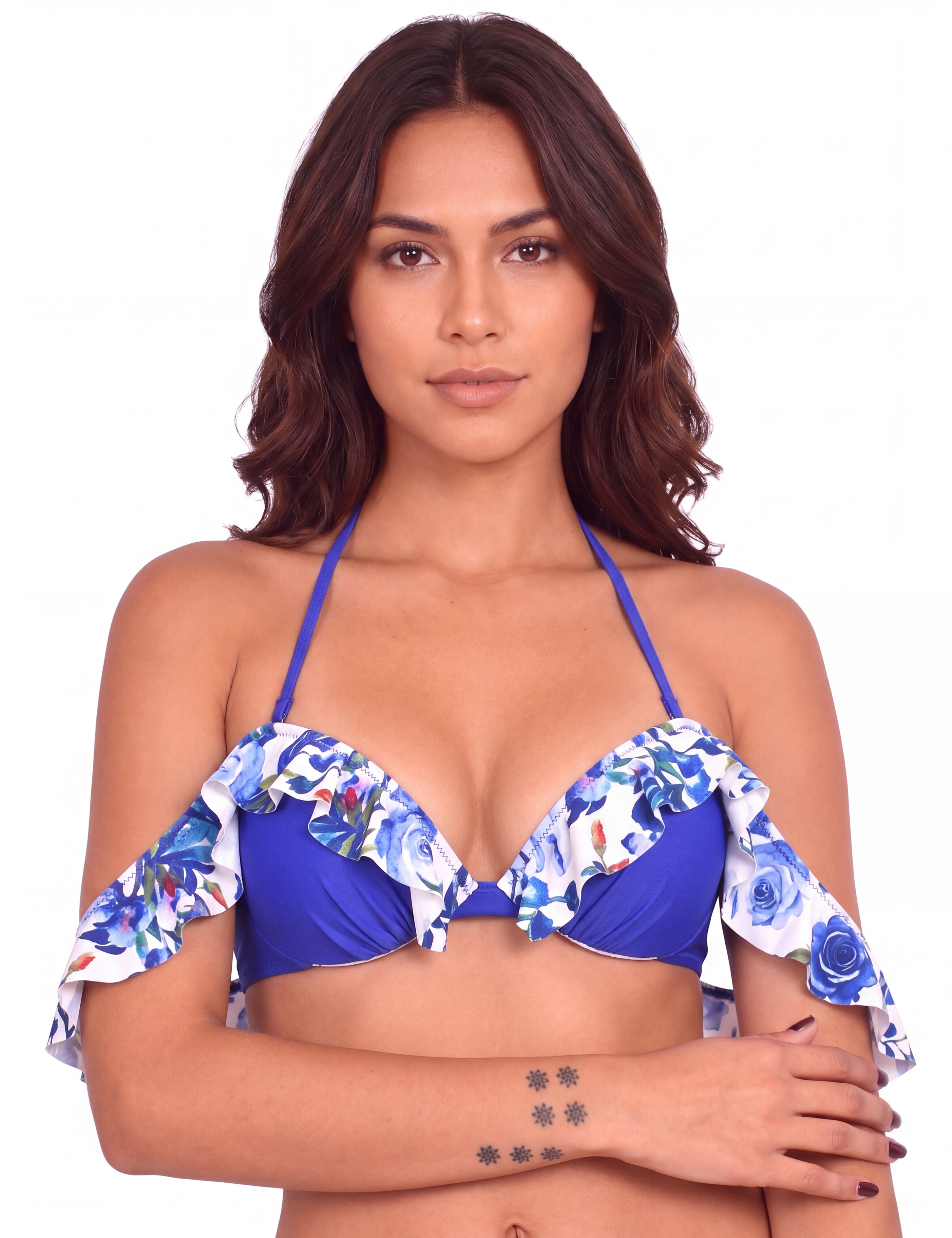 Bikini estilo sostén vuelos estampado azul