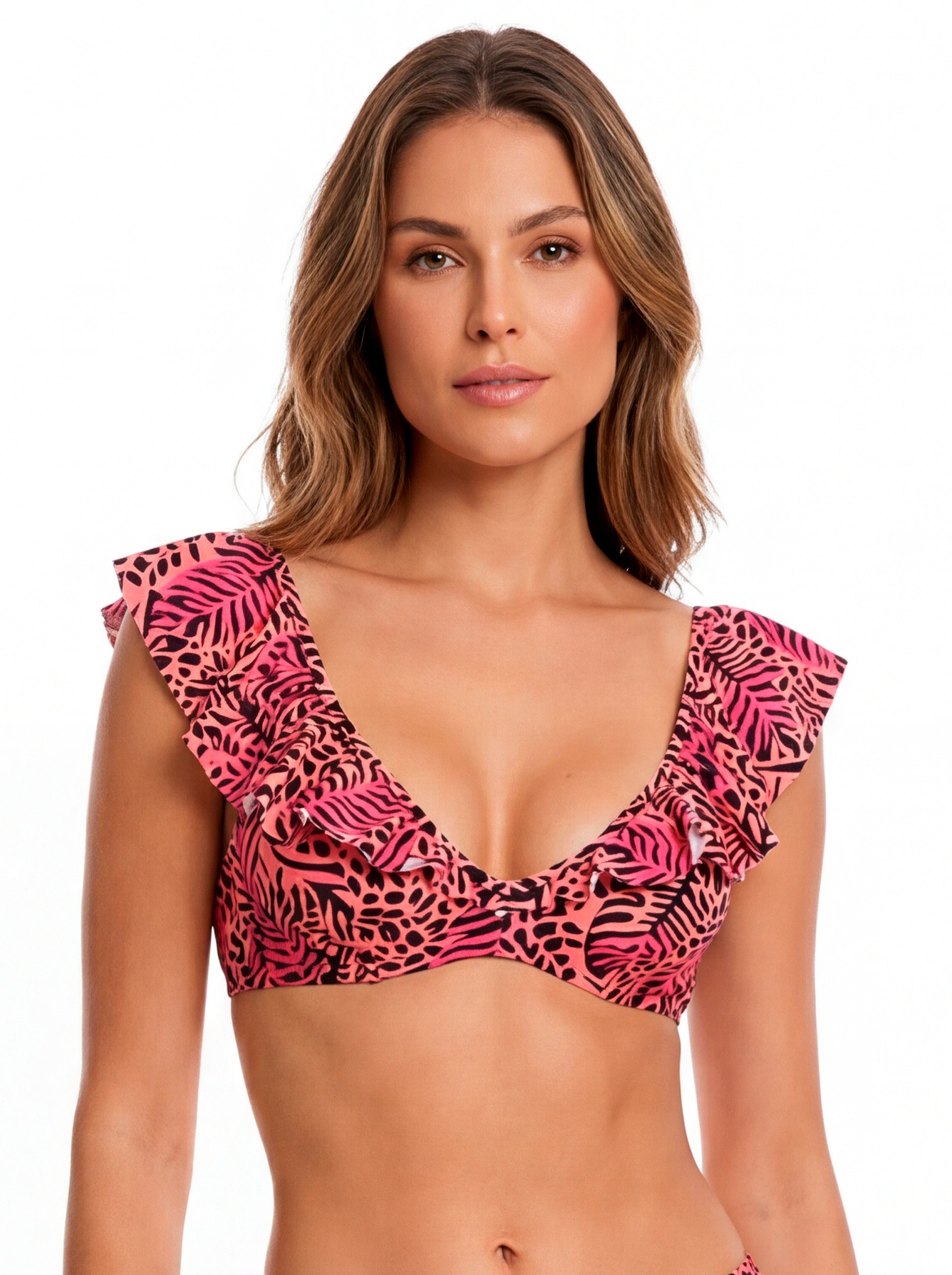 Bikini triangulo con vuelos estampado negro