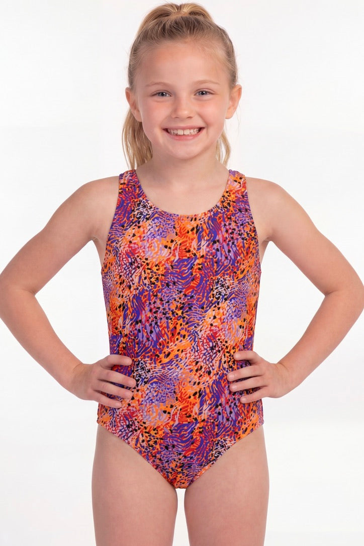 Traje de baño básico de niña estampado naranja