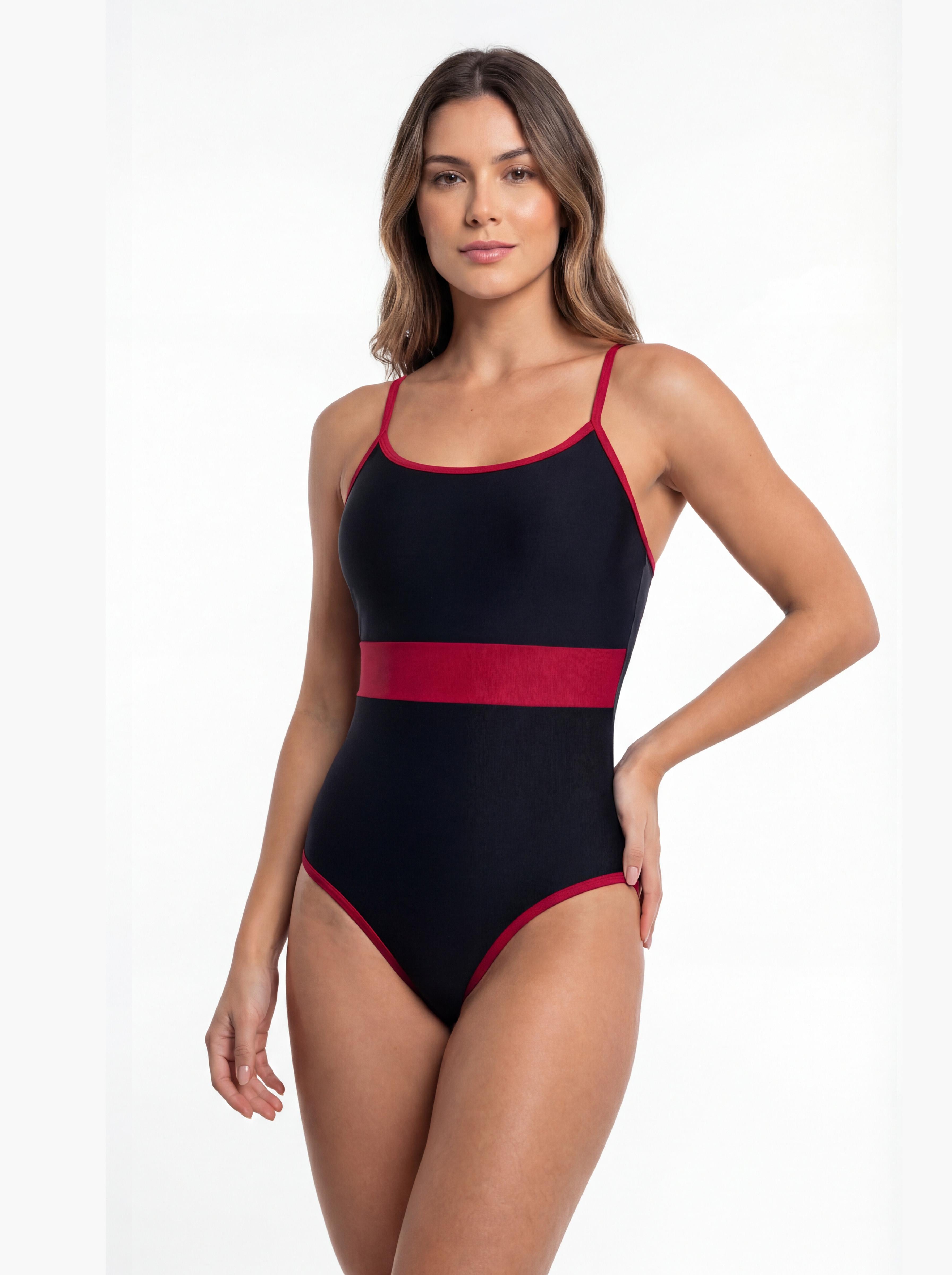 Traje de baño mujer natación con franja rojo