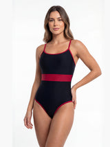 Traje de baño mujer natación con franja rojo