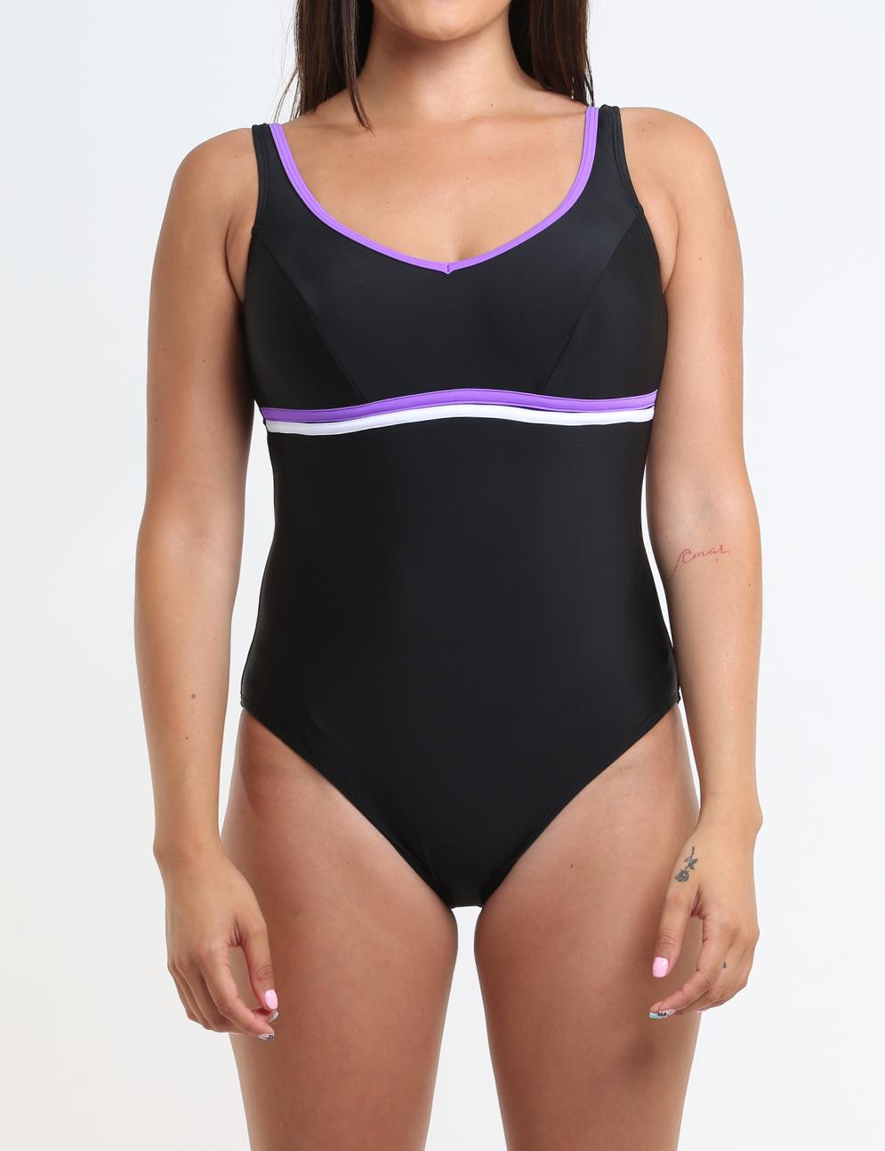 Traje de baño deportivo con vivos morado