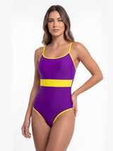 Traje de baño mujer natación con franja amarillo