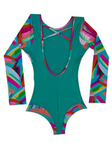 Green long-sleeved girl's swimsuit 