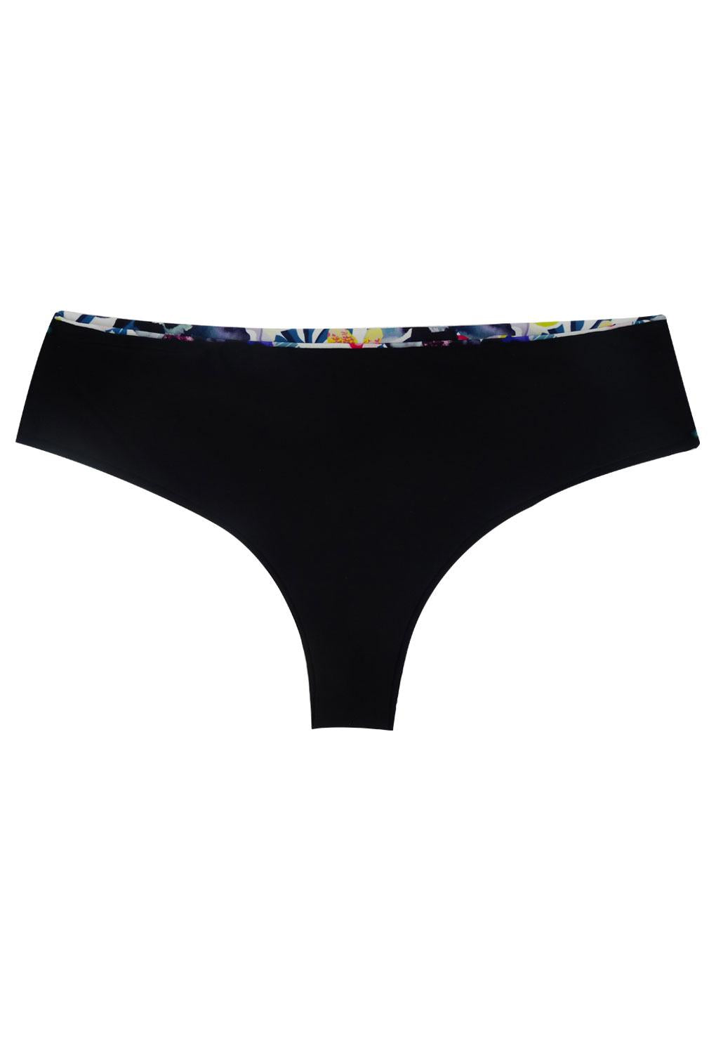 Black floral print high-waisted thong bikini