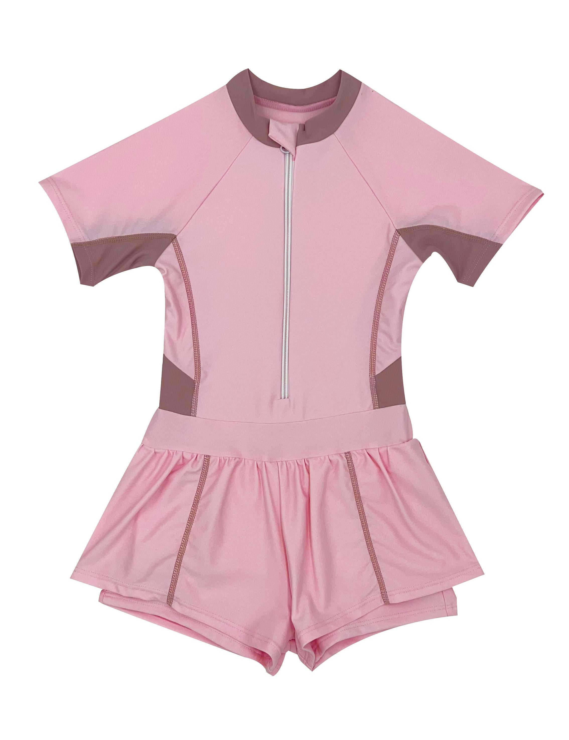 Pink UV protection skirted swimsuit for girls