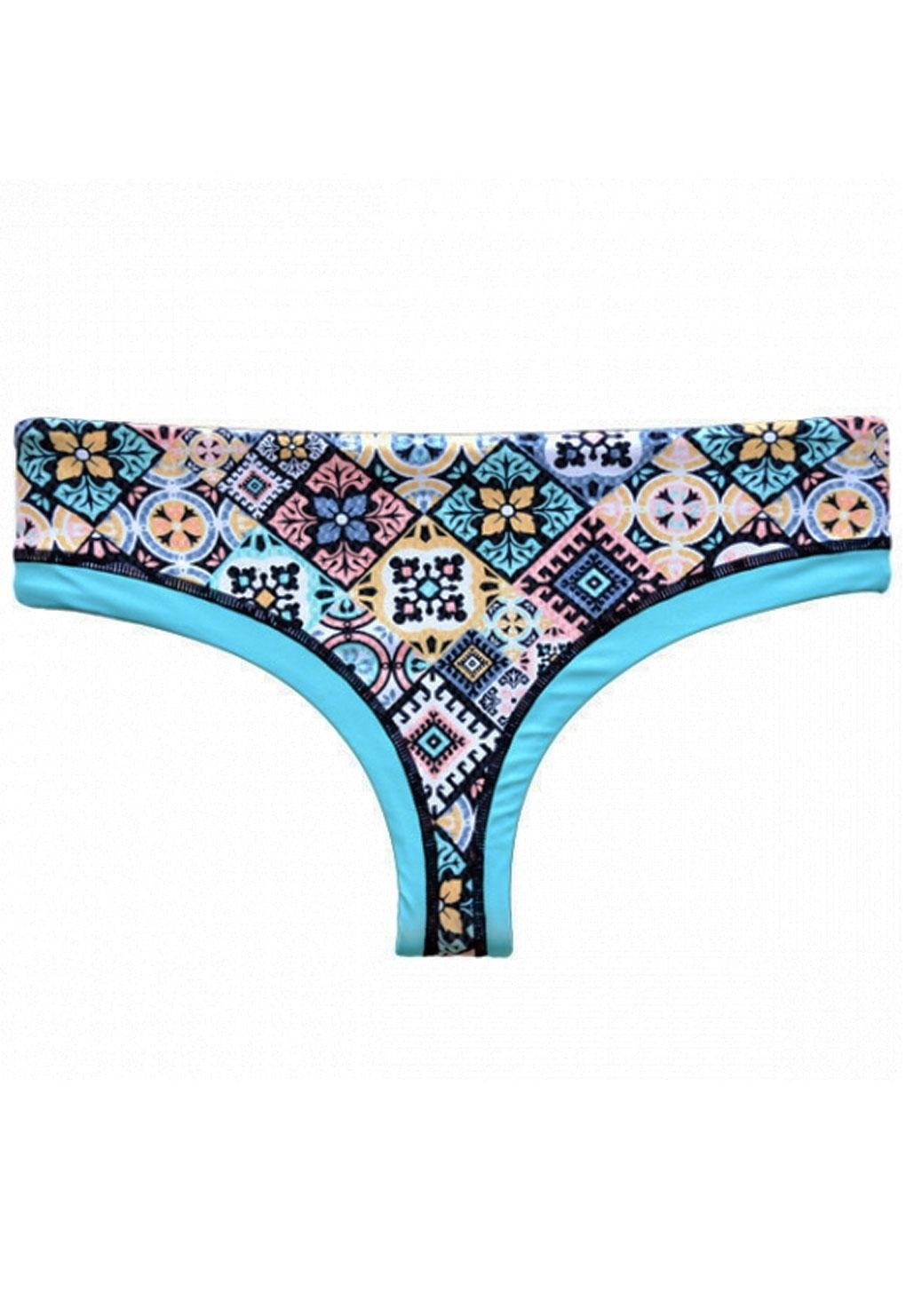 High-waisted turquoise print thong bikini 