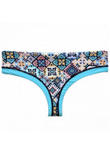 High-waisted turquoise print thong bikini 