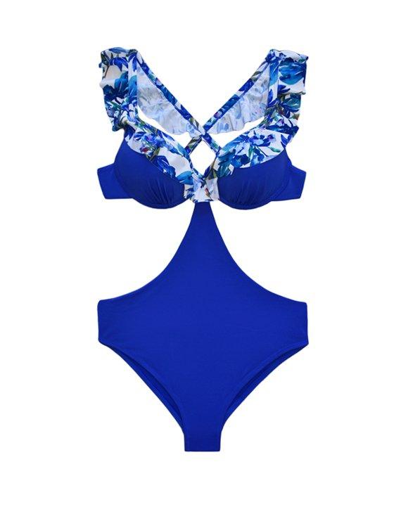 Trikini with blue print ruffles 