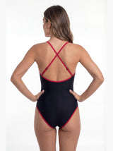 Traje de baño mujer natación con franja rojo