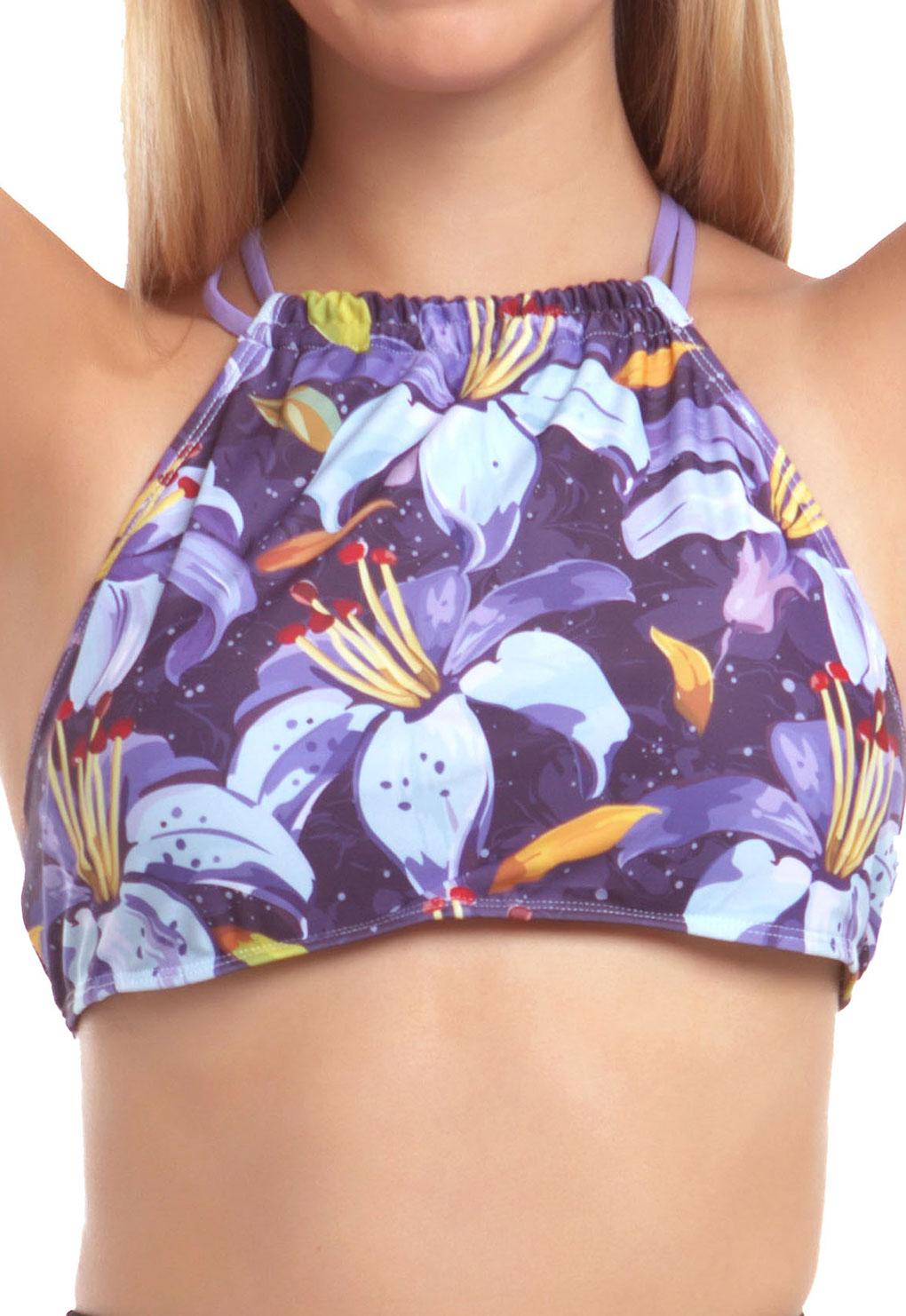 Purple print crossover bib bikini