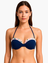 Bikini strapless con vuelos azul