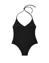 Black low-cut swimsuit with darts 