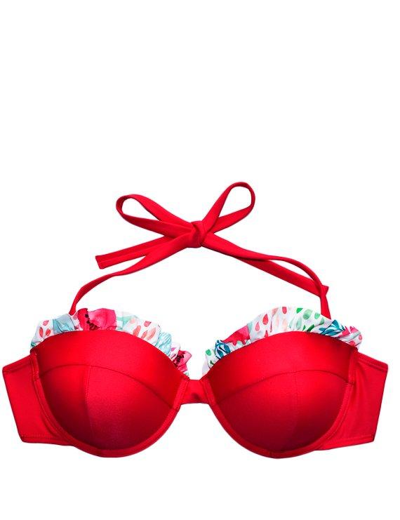 Bikini strapless con vuelos rojo