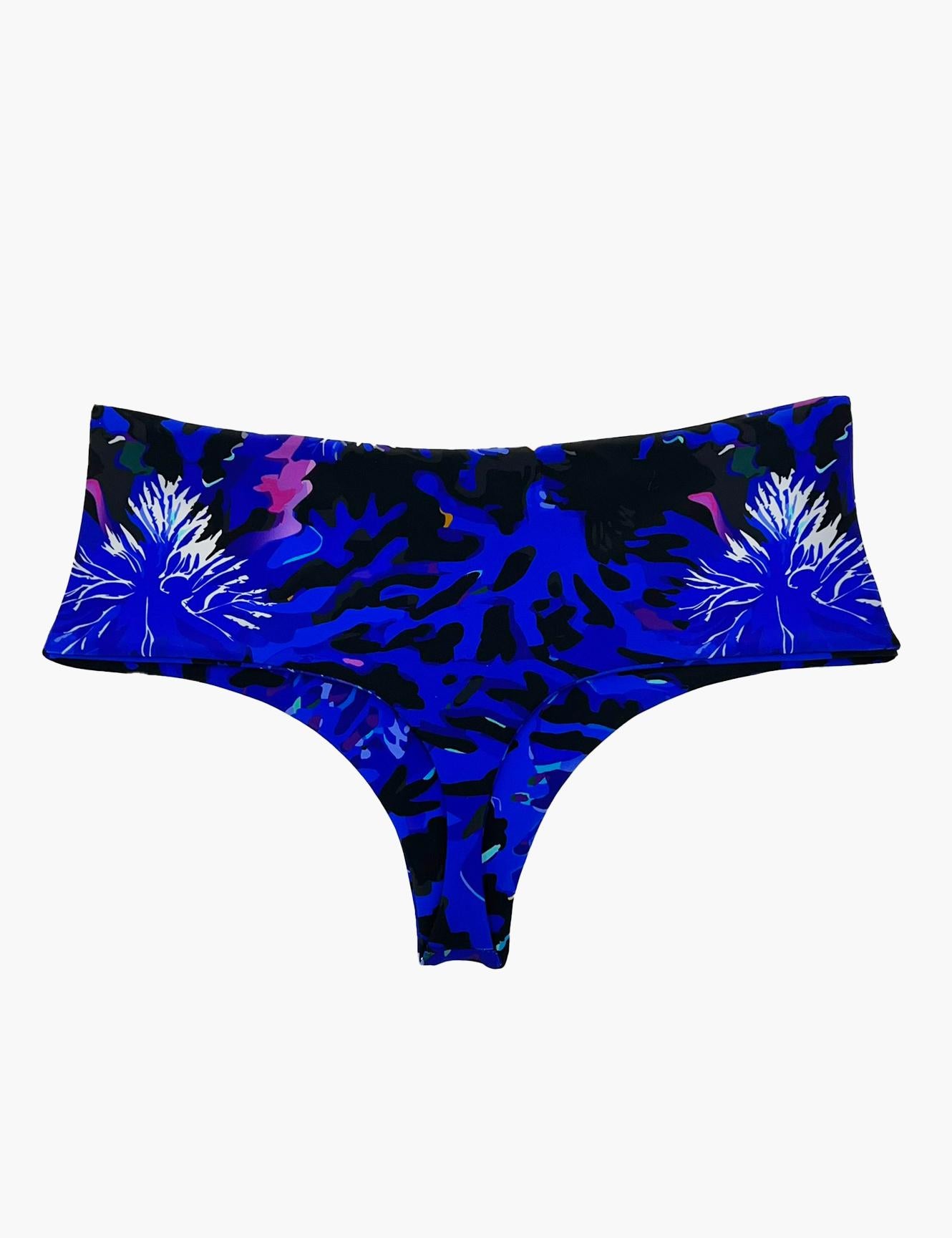 High-waisted thong bikini with purple print