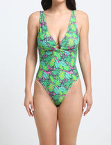 Traje de baño rebajado detalle circular estampado verde