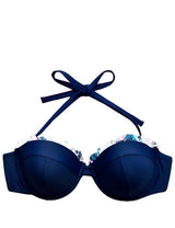 Bikini strapless con vuelos azul