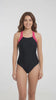 Traje de baño enterito deportivo con cierre negro y fucsia